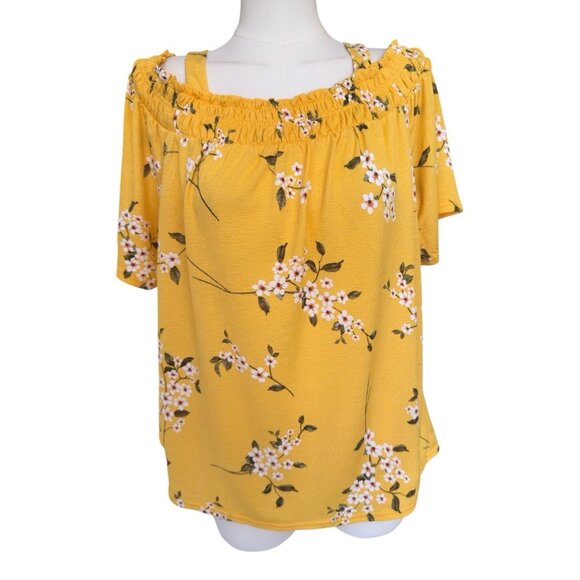 MELLODAY Tops - Melloday Yellow Floral Off Shoulder Strap Short Sleeve Pullover Top Women's XL